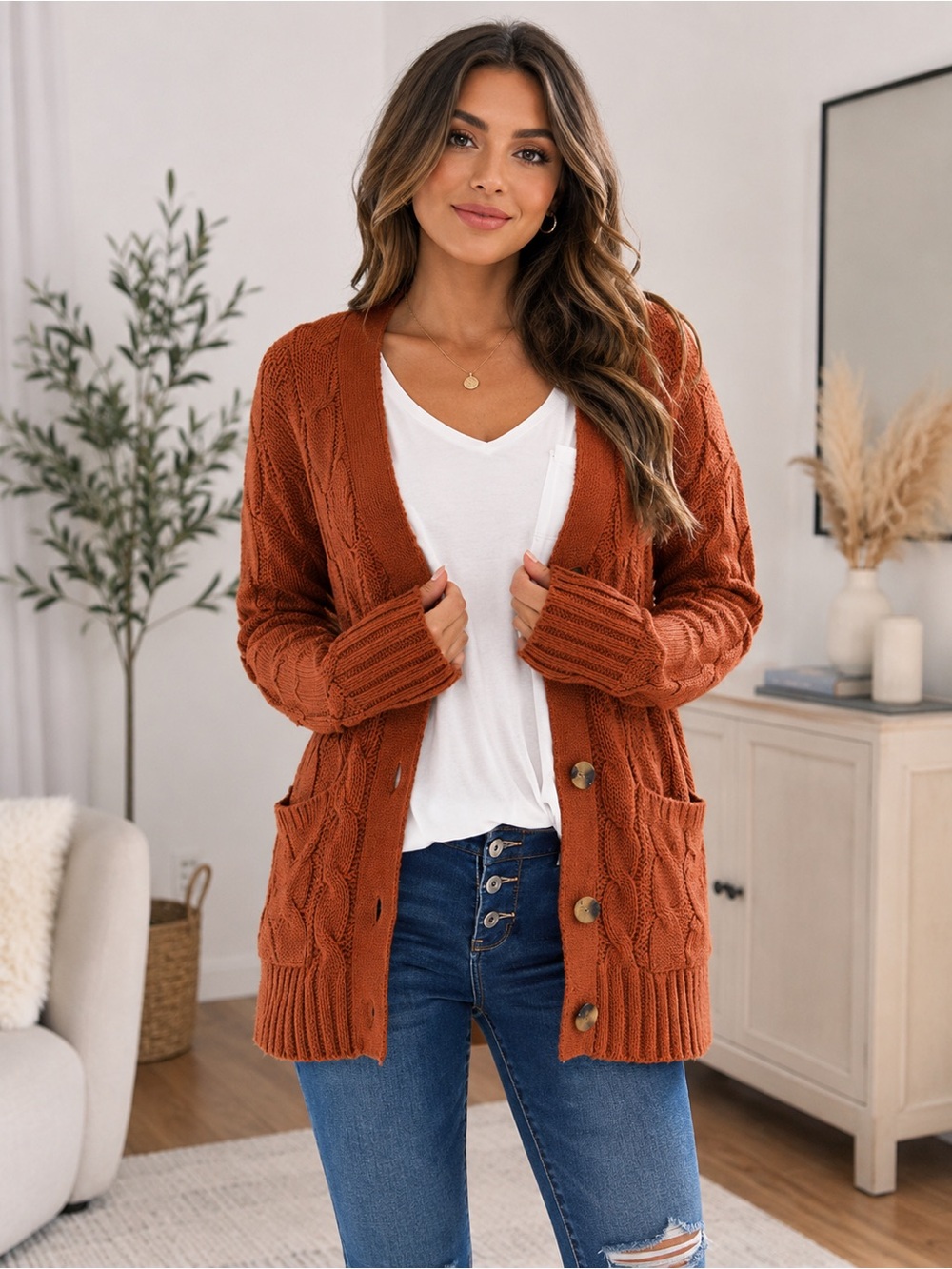 🩷. 751. Women’s Rust Cable-Knit Button-Front Cardigan with Pockets